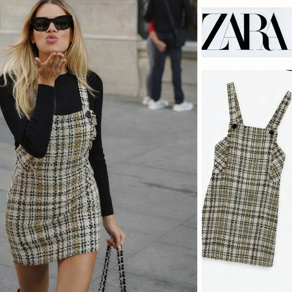 🆕(NWT) ZARA Bloggers Fav Tweed Pinafore “Overalls” Style Mini Dress Size MEDIUM